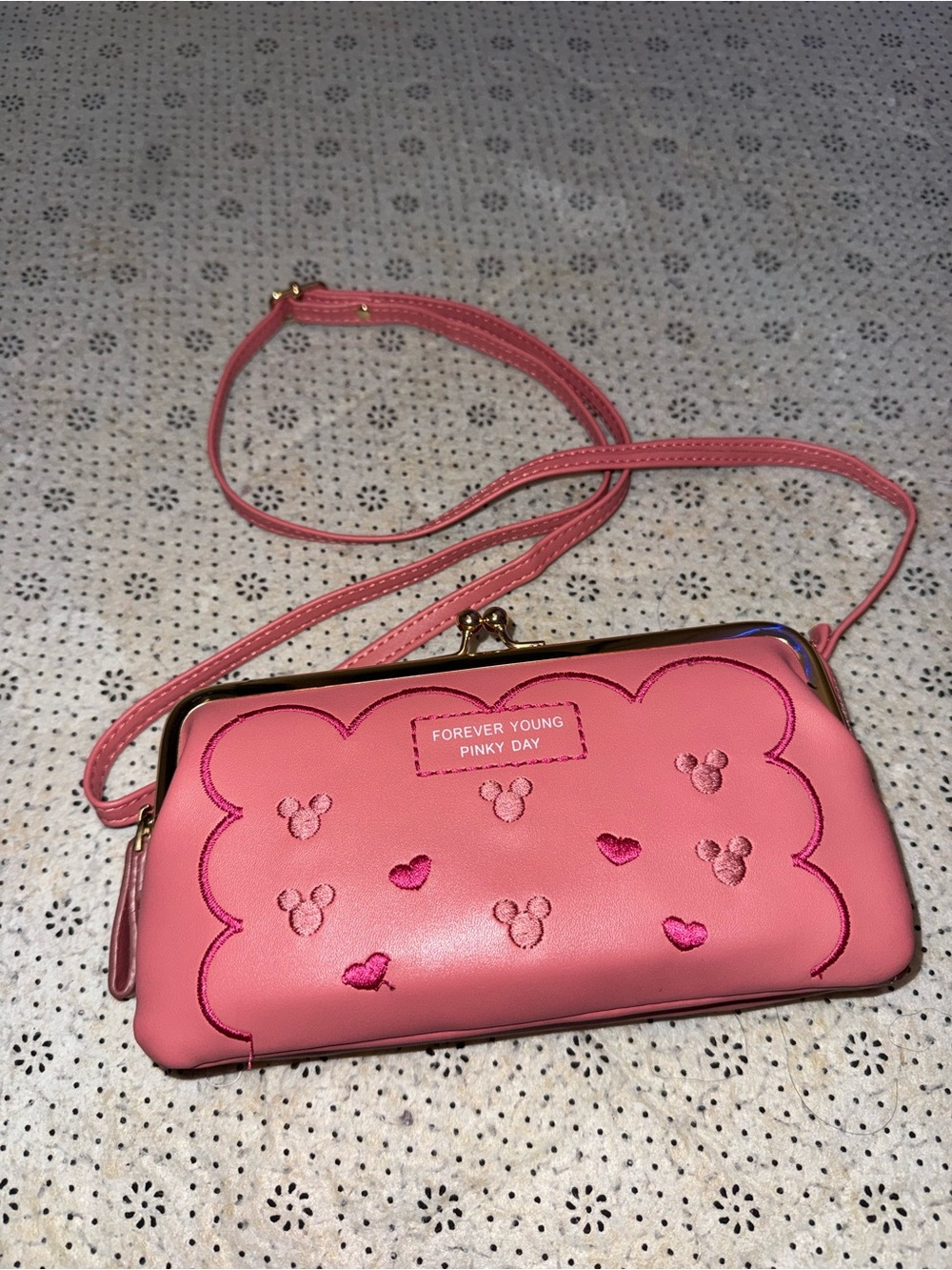 Forever Young Pink Embroidered Crossbody Wallet Clutch